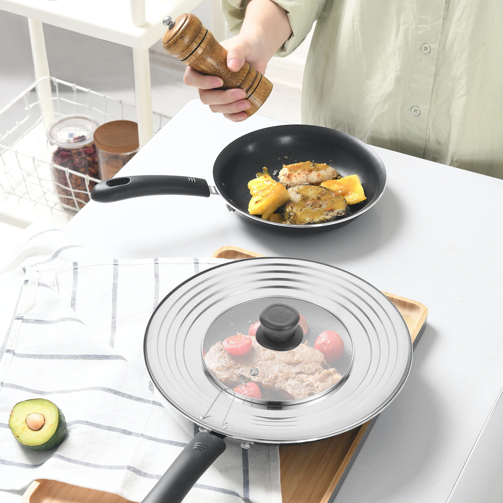 

Thickened Glass Pot Lid with Stainless Steel Handle Visible Frying Pan Cover Shockproof Multi-Purpose Kitchen Pot Glass Cover