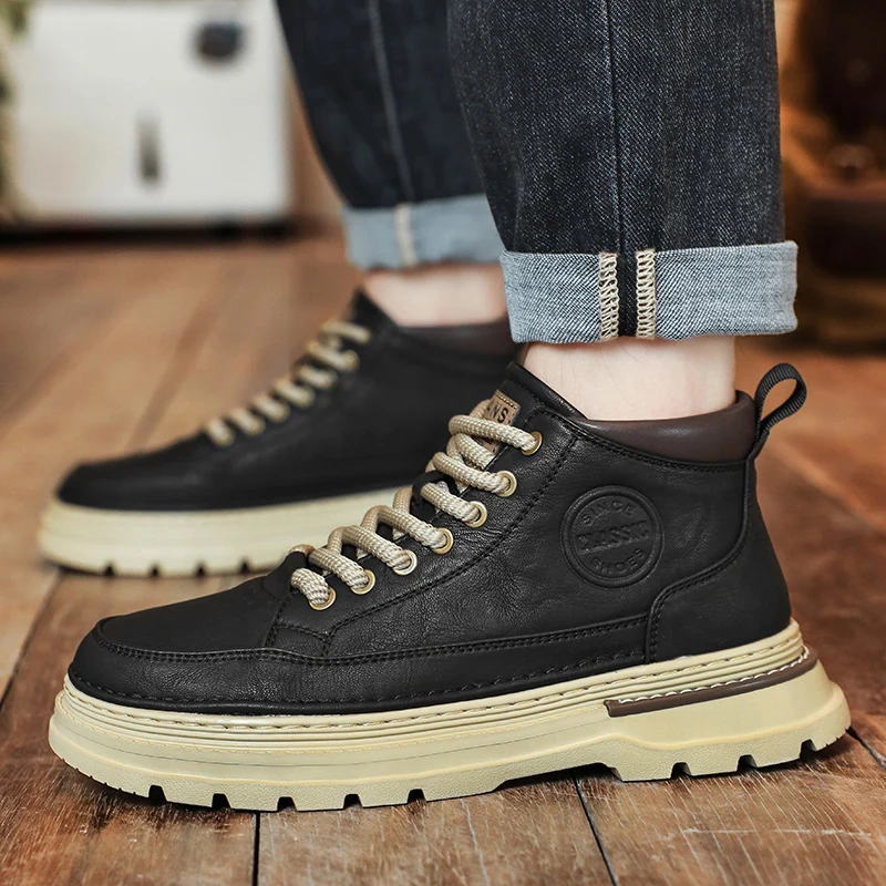 

High Quality Leather Mens High Top Casual Boots Luxury Brand British Style Business Boots Outdoor Man Anti Slip Motorcycle Boots