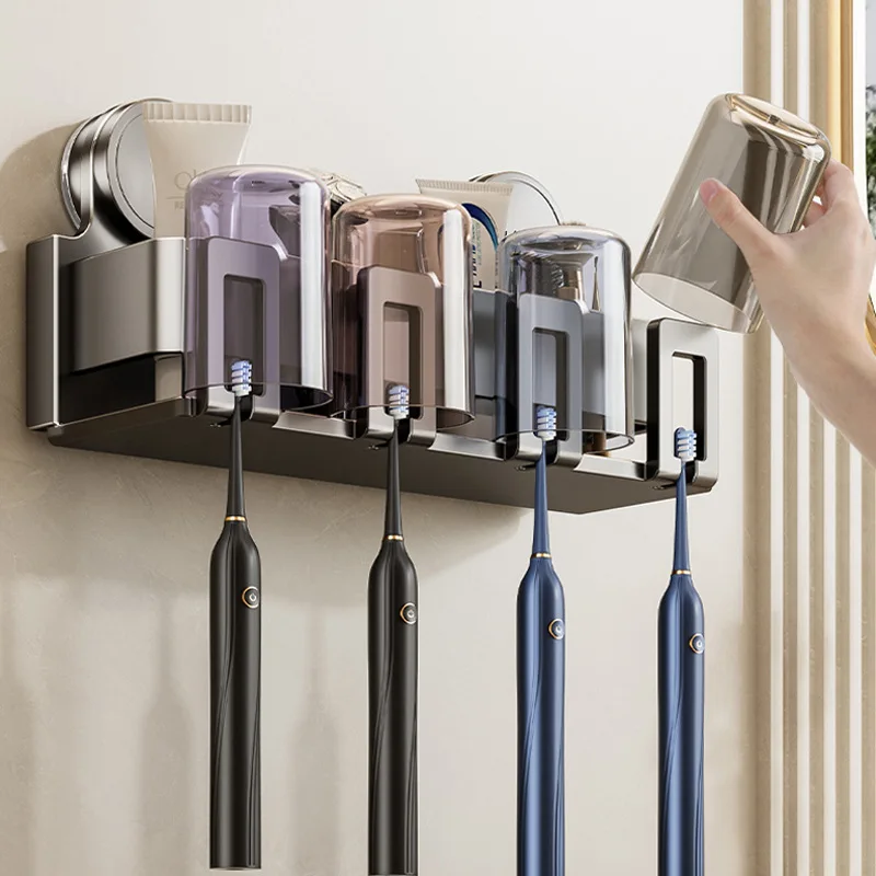 Suction Cup Toothbrush Holder • Wall Mounted • No Drilling • Bathroom Organizer for Toothbrushes, Toothpaste & Cups