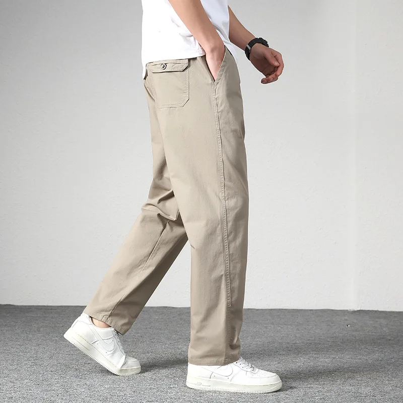 2025 Primavera Nuovi Uomini di Modo Allentato Casual Alla Moda di Colore Solido Dritto Gamba Larga Elastico In Vita Pantaloni Cargo Pantaloni Maschili Vestiti