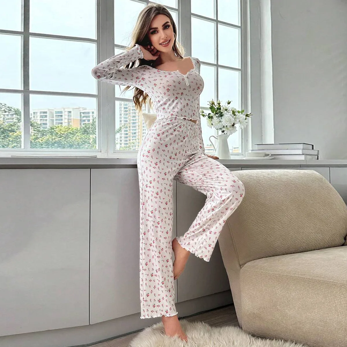 Sleepwear Women Lounge Spring Autumn Pajamas Set Floral Print Lettuce Trim Top with Long Pant Lovely Full Sleeve Nightwear