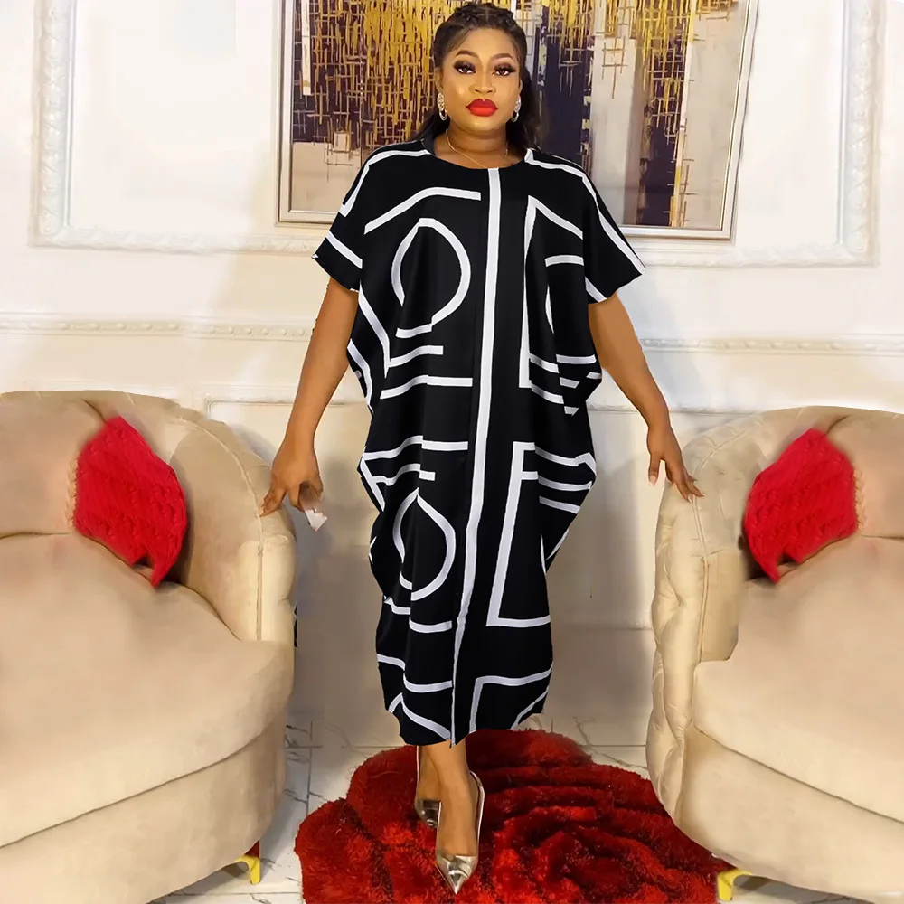 African Patchwork Color Contrast Letter Dress Muslim New Women's Fat Loose Large Size Long Robe 510#