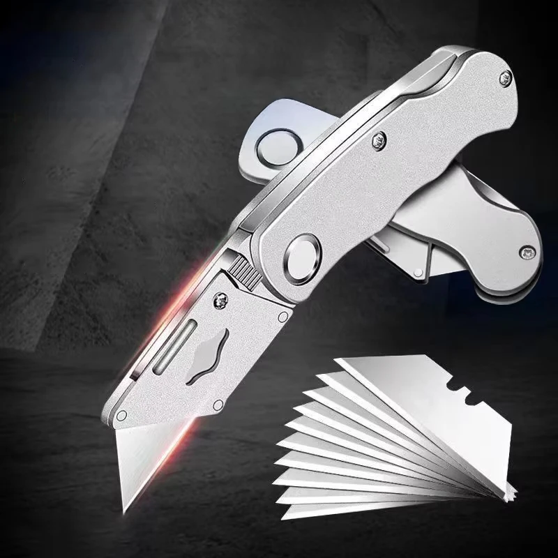 Cuchillo Plegable Multiusos de Alta Resistencia, Cortador de Cables y Alfombras, Mango de Aluminio y Plástico, Cuchillo de Bolsillo con Bloqueo y Juego de Cuchillas Portátiles