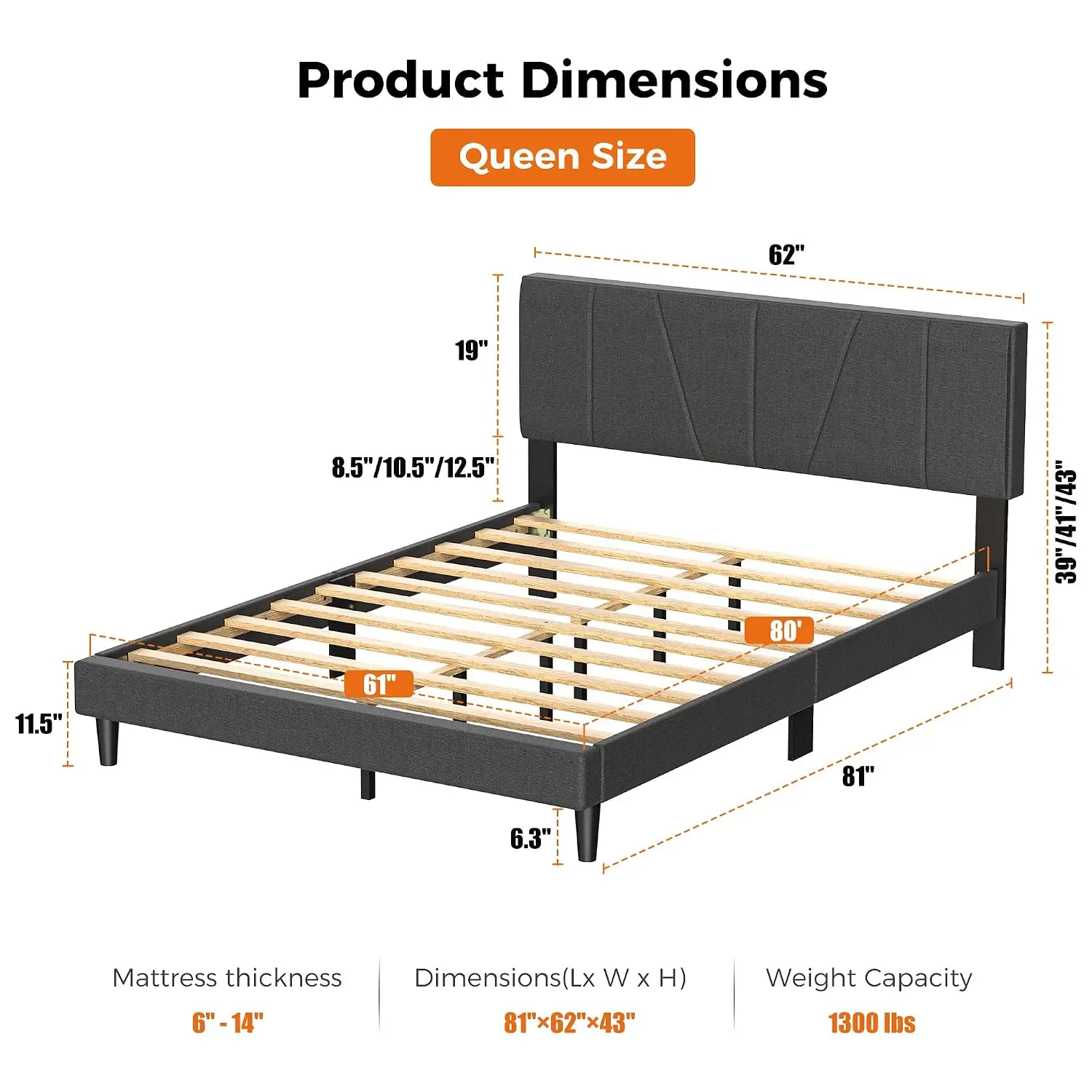 Queen Bed Frame With Adjustable Headboard, Platform Bed With 12 Thickened Legs For Bedroom, No Box Spring Needed,, Customized