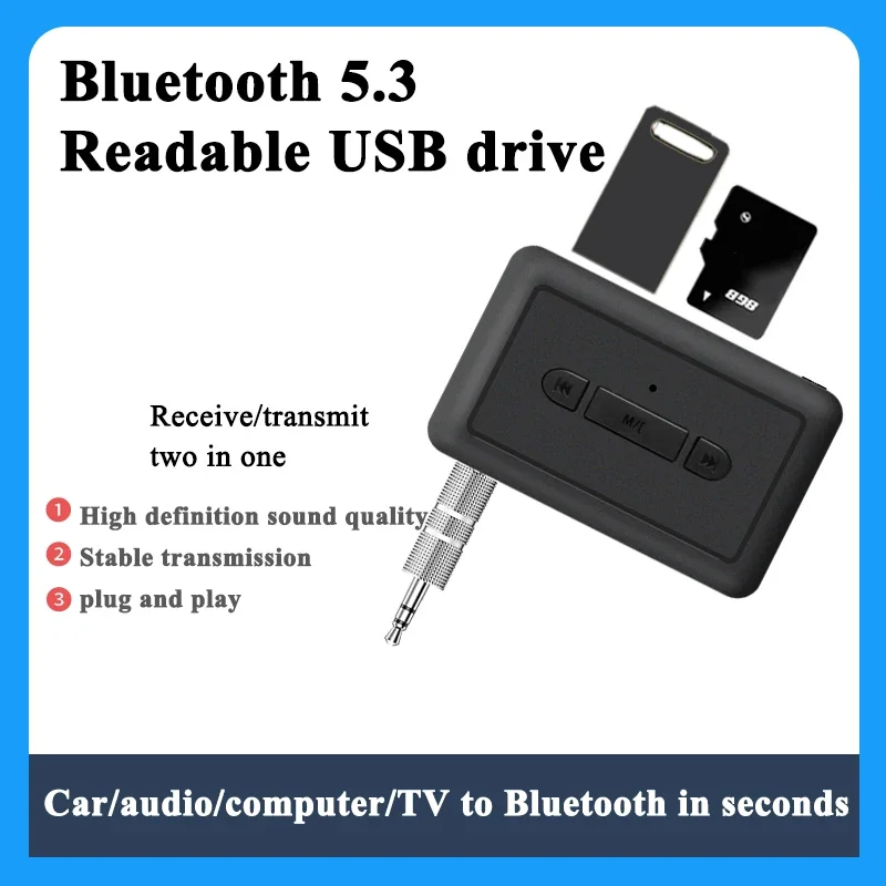 Bluetooth 5.3 Car Receiver Adapter 3.5mm AUX Jacks for Car Speakers Audio Music Receiver Transmitter Hands Free U Disk TF Card