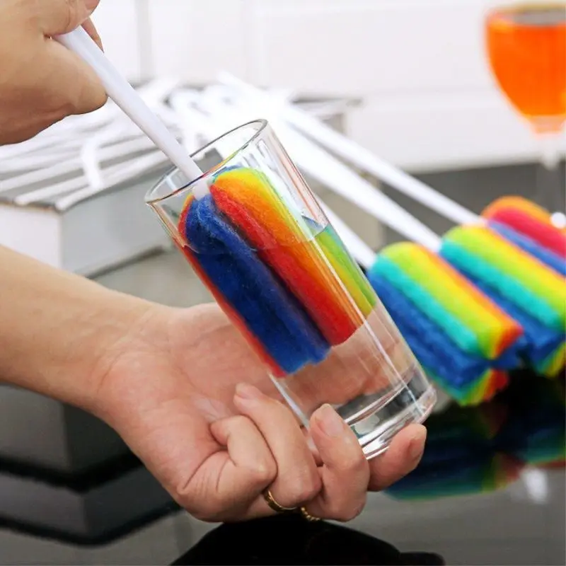 3Pcs Rainbow Sponge Brush Water Bottle Cup Mug Glass Washing Sponge Cleaning Brush Scrubber with Handle Cleaning Utensils