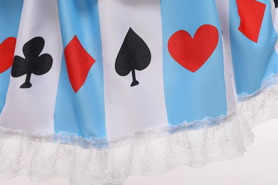 Mädchen Alice Cosplay Kleid Kinder Langarm Blaues Dienstmädchen-Outfit mit Pokerkarten-Saum Kinder Halloween Karneval Party Kostüm – Detail 9