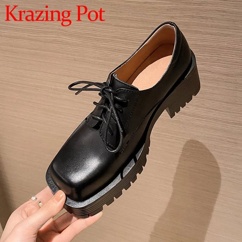 Krazing Pot New Cow Leather Square Toe Thick High Heels Autumn Shoes Platform Leisure Sporty Chic Cross-tied Daily Western Pumps