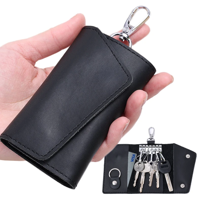 Black Leather Keychain Bag for Men Women Key Holder Key Ring Organizer Pouch Car Key Wallet Housekeeper Key Case Mini Card Bag