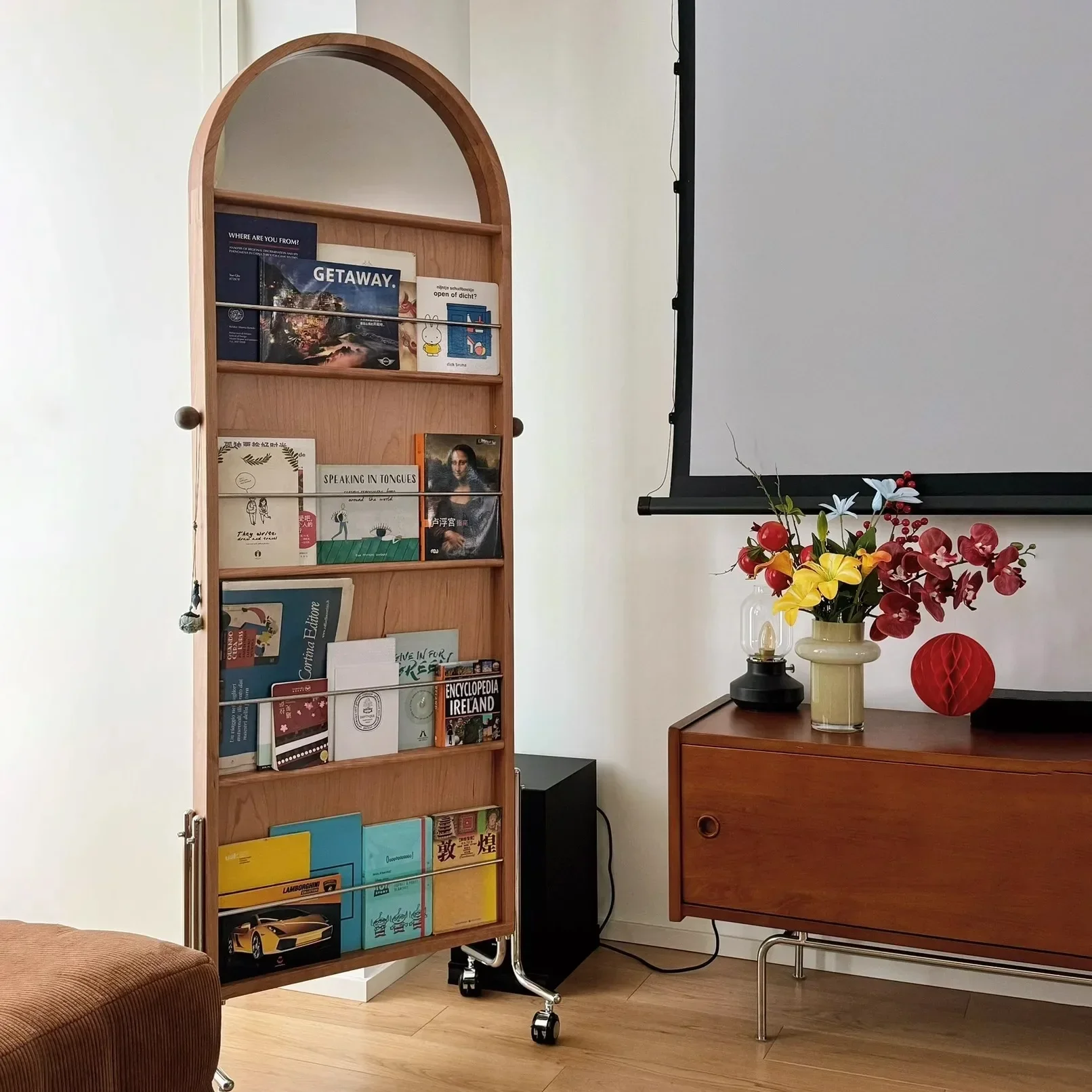 

Full-length mirror household rack magazine rack retro floor rotating full-length mirror