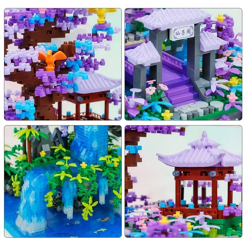 Balody 16260 World Architecture 3D Mini Diamond Waterfall Pool Building Block MOC Mini Street View Sakura Tree House Brick Gifts