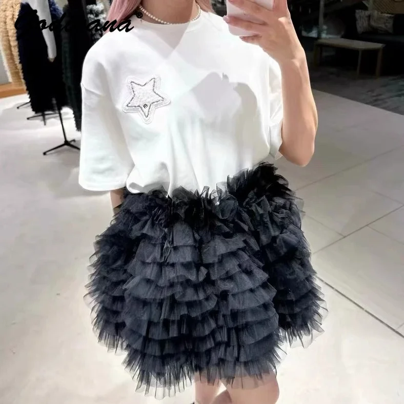 

Japanese Style New Summer Stars Short Sleeve Loose T-shirt Elastic Waist Mesh Puffy Skirt Sweet Girls Female Lolita Cake Skirt