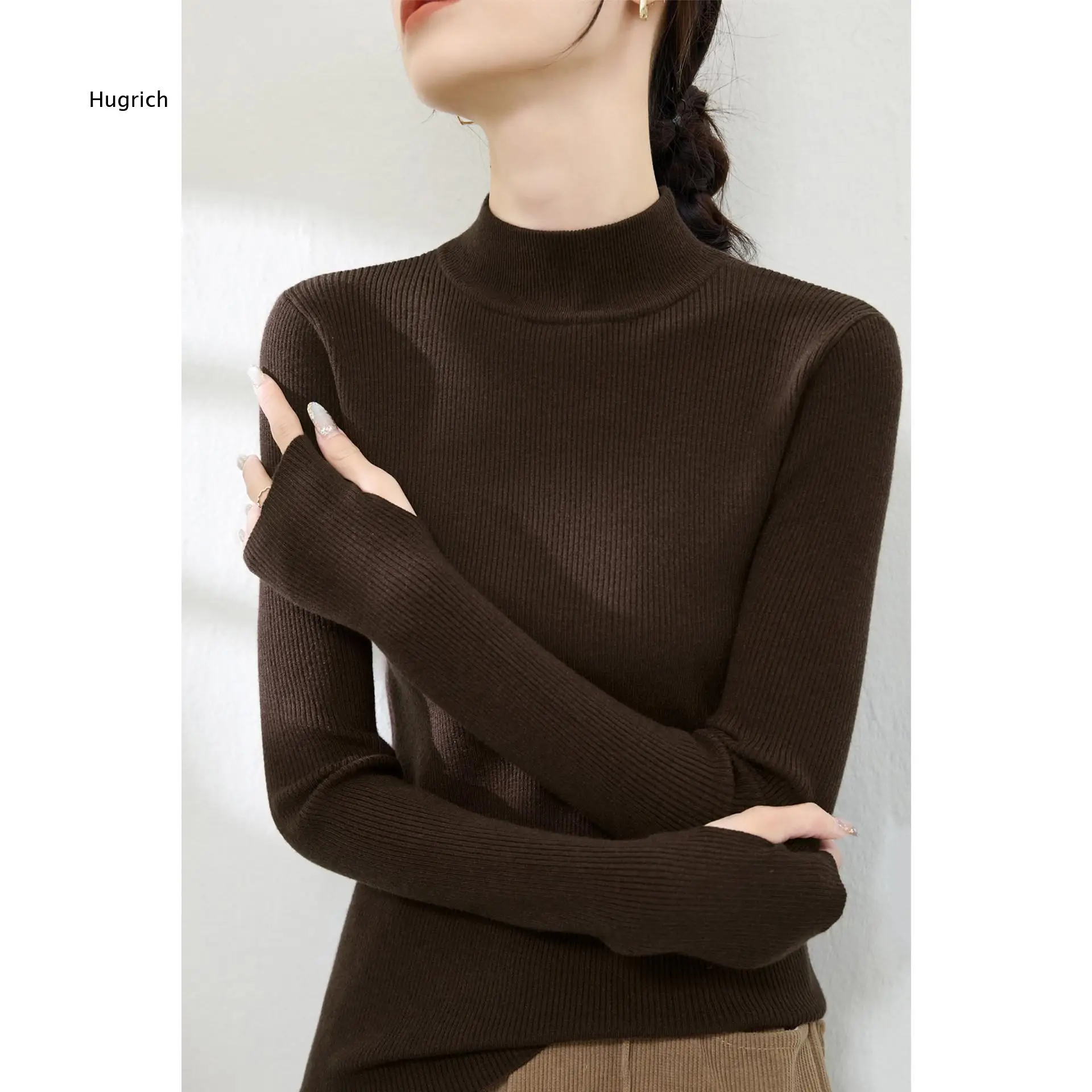 New Arrival Premium Texture Slim Fit Sweater Autumn Winter Half Collar Mulberry Silk Wool Long Sleeve Knit Shirt Womens Clothin