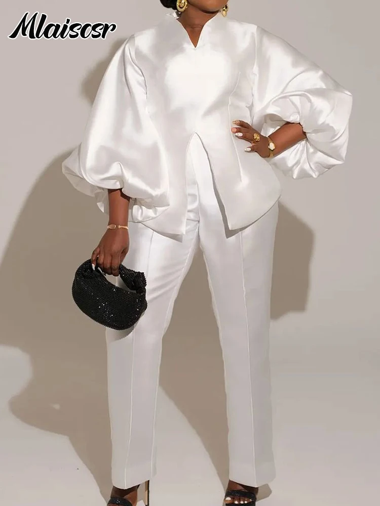 

Mlaiscsr Elegant Satin Pant Suit for Women White V Neck Bubble Sleeve Top and Straight Trousers 2 Piece Set Cocktail Business