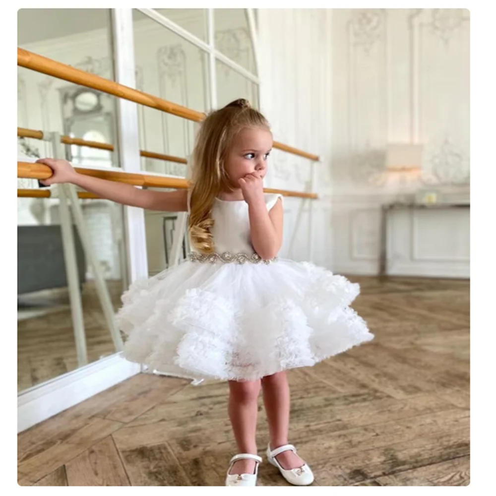 White Cute Flower Girl Dresses with Crystal Belt First Communion Birthday Wedding Pageant Gown Robe De Demoiselle Baby