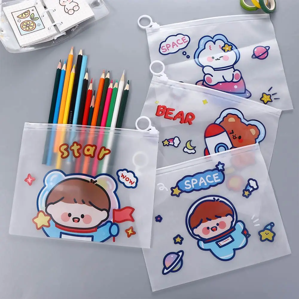 Cute Kawaii Test Paper Folder High Capacity Zipper Bag Learning Stationery Cartoon Transparent File Bag Office Supplies