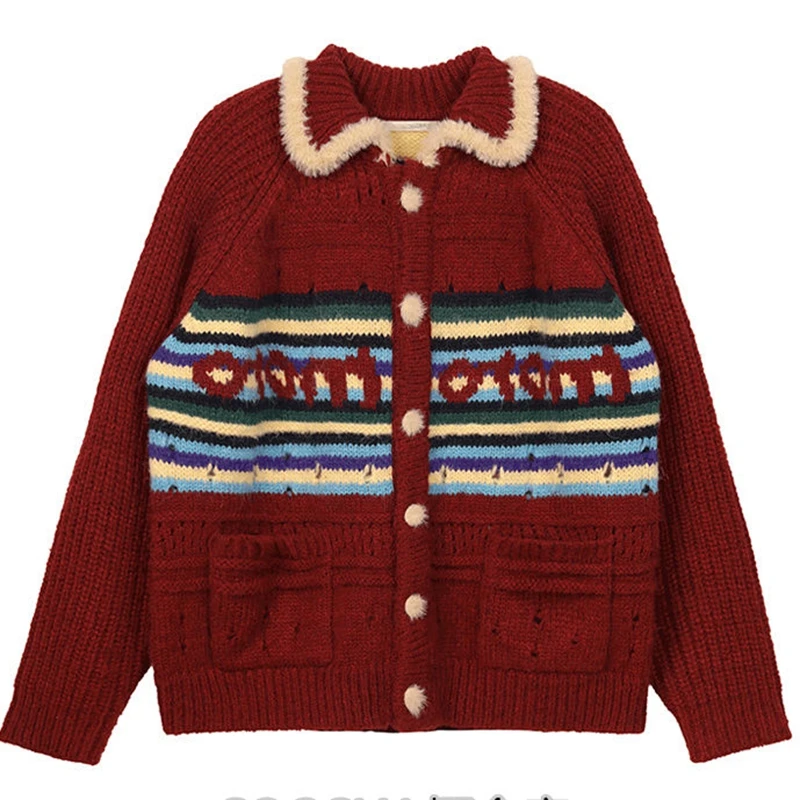 

Women's Christmas Retro Striped Knitted Cardigan Autumn Warm Top Female Long Sleeved Outerwear Vintage Knitted Sweater