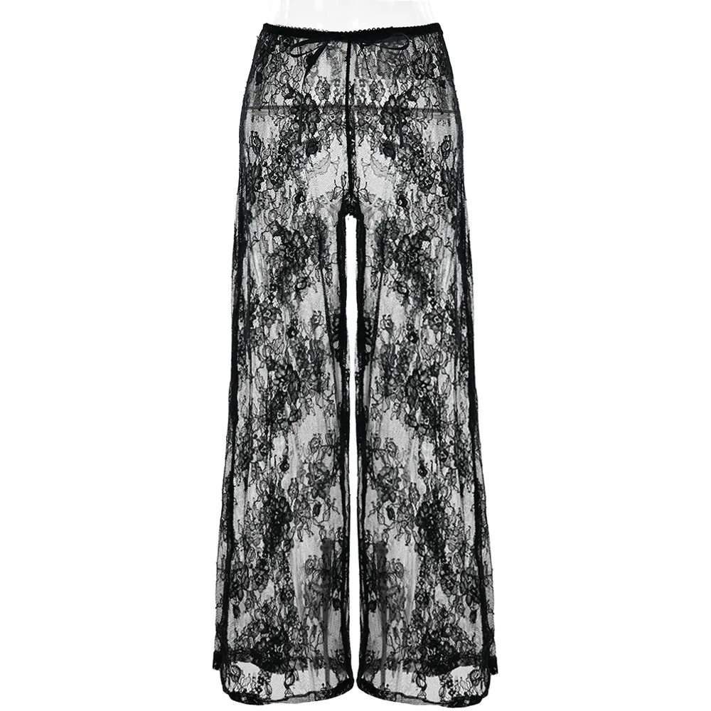 Pantaloni dritti larghi casual alla moda per ragazza calda lunga sexy a vita alta velata in pizzo nuovo estivo da donna