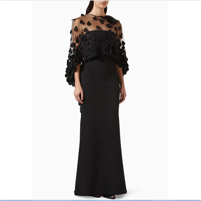 Saudi Arabian Evening Dress with Cape Customized Strapless Sleeveless Beading Floral Petals Long Prom Gown Party Dresses