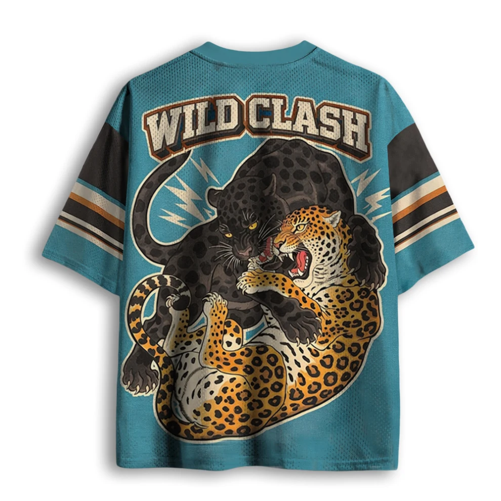 V Neck Mesh Football Jersey Vintage Fighting Black Panther WILD  Letter Print Leopard Patch Striped Sleeve Loose Sport Tee