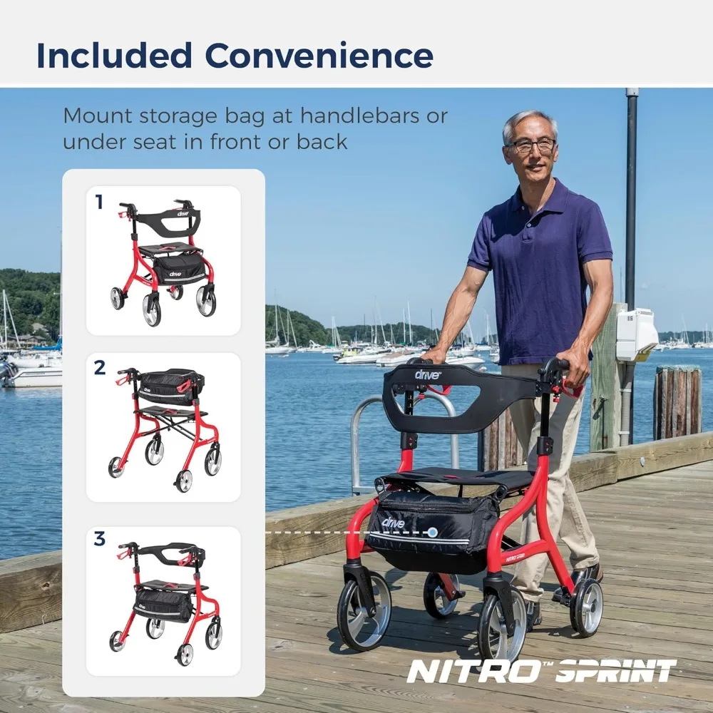 Nitro Sprint faltbarer Rollator-Gehhilfe mit Sitz, leichter Rollator mit Standardhöhe und Sitz, rot