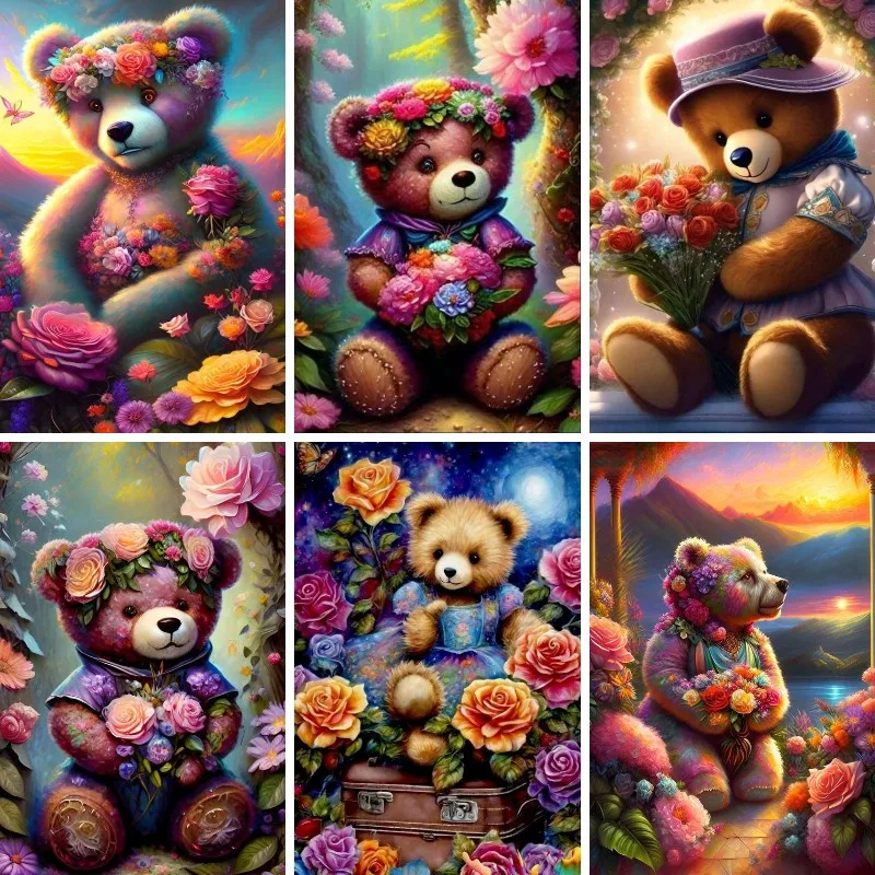 

5D Diamond Painting Watercolor Teddy Bear with Flowers Diamond Embroidery Full Square Wall Art Nursery Room Decor Teens Gift