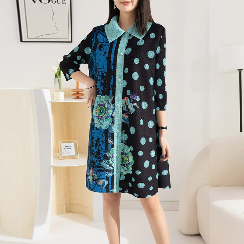 

Fashion Miyake Pleated Print Dress New Spring and Autumn 2023 Relaxed Slim Single Breasted Medium Length Elegant Dresses