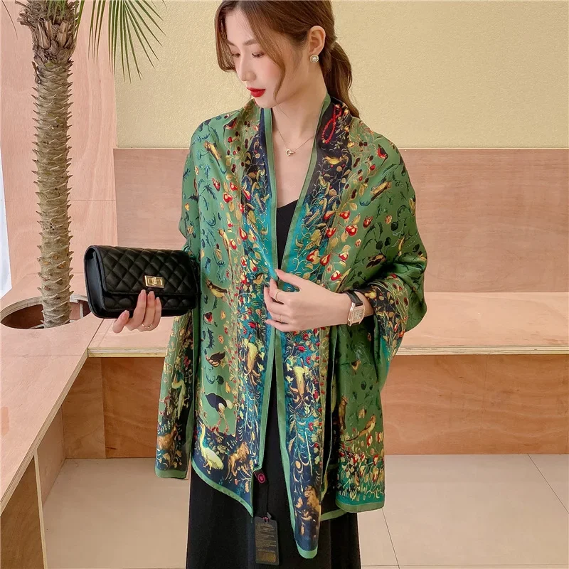 

Army Green Luxury Silk Scarf Women Spring Printed Bird Shawls Wraps Lady Soft Bandana Foulard Summer Pareo Stole Long Cover-ups