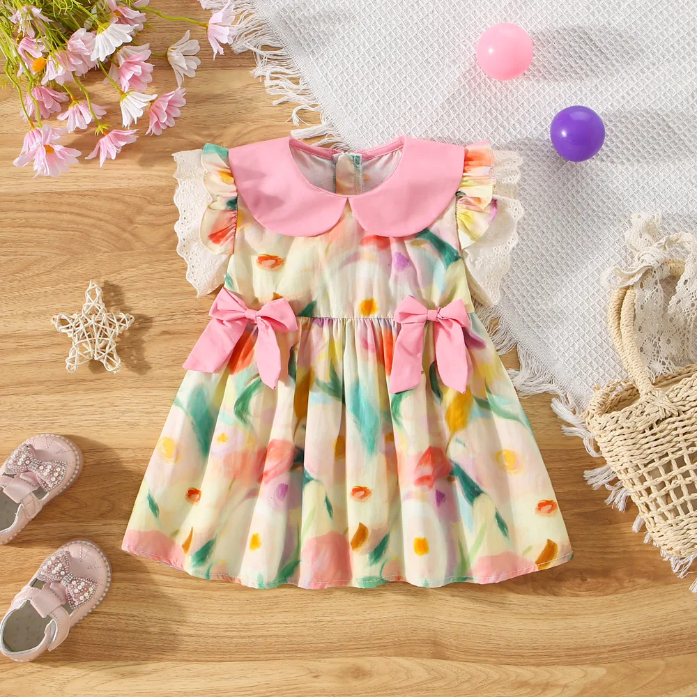 Children\'s Dress Girls\' Summer New Style Baby Girl Printed Dress Girls\' Stylish Sweet And Cute Princess Dress Two Bows