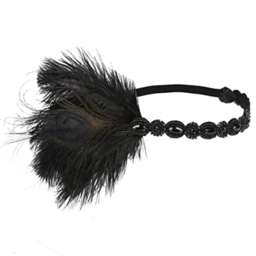 Vintage 1920S Feather Headbands Beaded Jewels Elastic Band Peacock Roaring Twentie Costume Props Party Headpiece For Flapper Dre