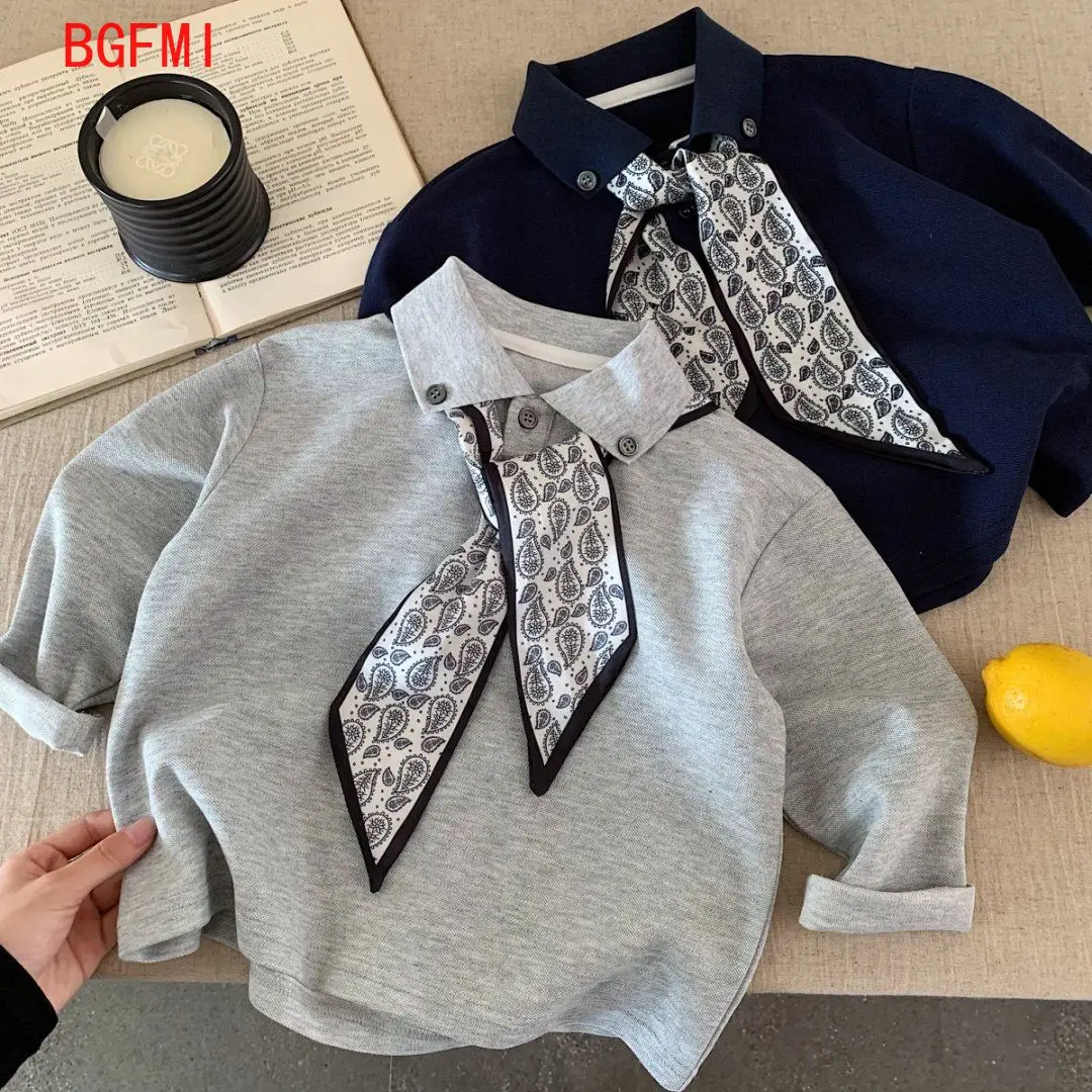 2-10Y Children's Handsome cotton Polo Shirt 2026 Spring fall New Gray T-shirt+ Silk Scarf Navy Blue Long Sleeved Baby Base Shirt