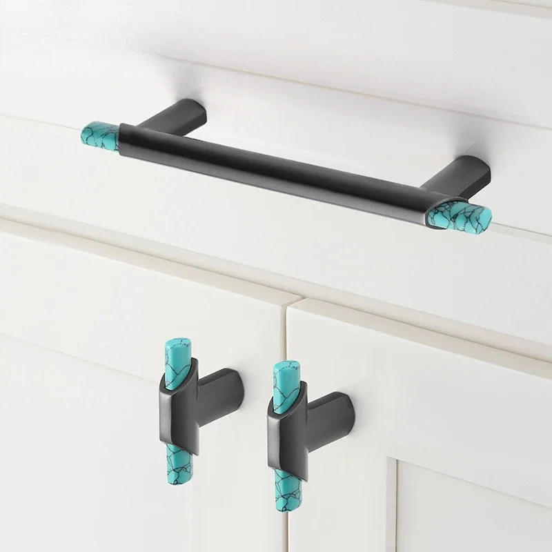 Lubang jarak 96/128/192 lampu Nordic mewah abu-abu Dinding kabinet lemari pakaian pegangan High-end Turquoise Solid tebal kenop laci