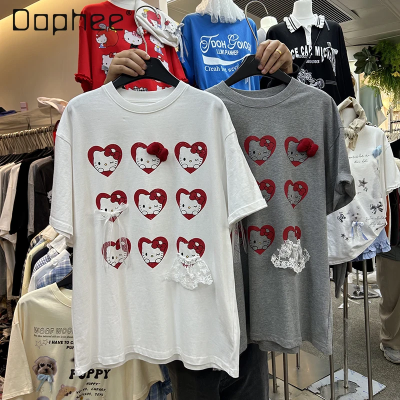 

Medium Length Cartoon Print T-shirt Short-sleeved Women's Summer Korean Style Round Neck Pullover Large Version Versatile Top