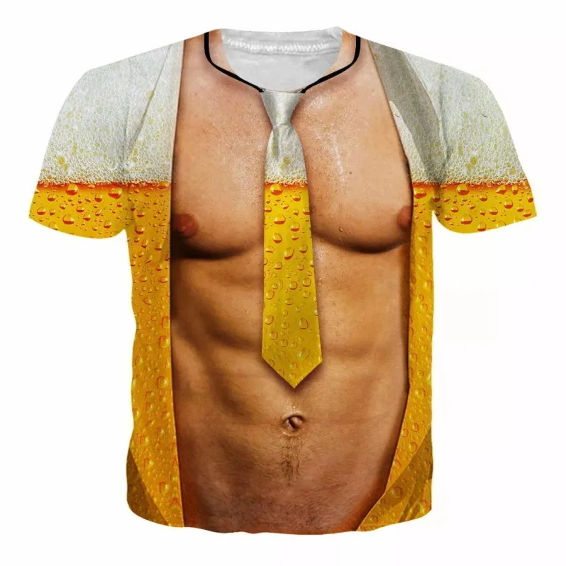 Men's Cartoon 3D Muscle Abs Fake Naked Print Short Sleeve Crew Neck T-shirt Funny Novelty Street Casual Party Cosplay Tshirts