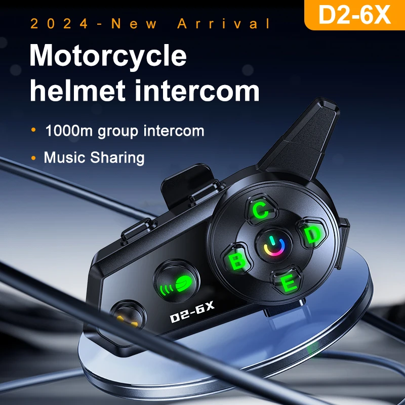 D2-6X Motorcycle Helmet Bluetooth Intercom for 6 Rider Interphone 1000 Meters Multi-Scene Mixing Waterproof Music Sharing