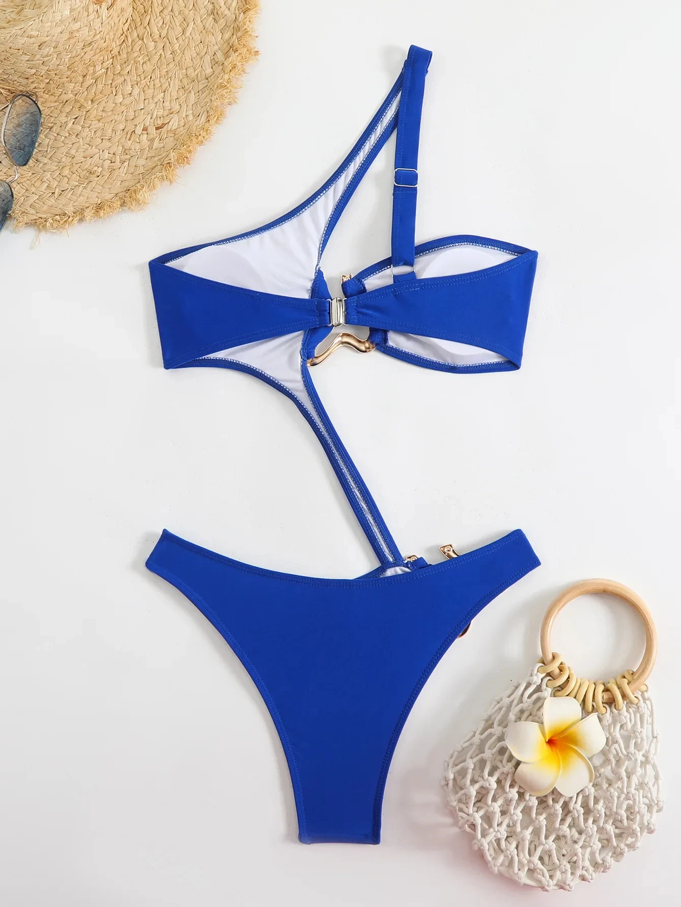 セクシーな黒のホローアウトビキニ 2025 レディース ワンショルダー メタルデザイナー バックレス Tバック ワンピース水着 サマー水着