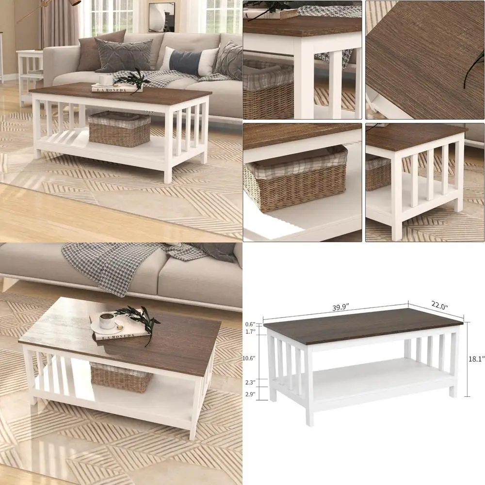 

White 40 Inch Living Room Coffee Table with Shelf