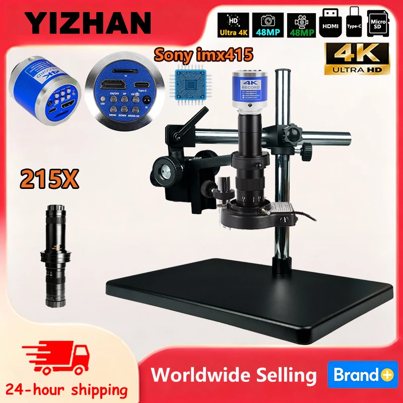 Microscope numérique électronique YIZHAN 4K 48MP avec capteur Imx415, objectif 215X/180X/150X, support réglable, sortie HDMI Type-C
