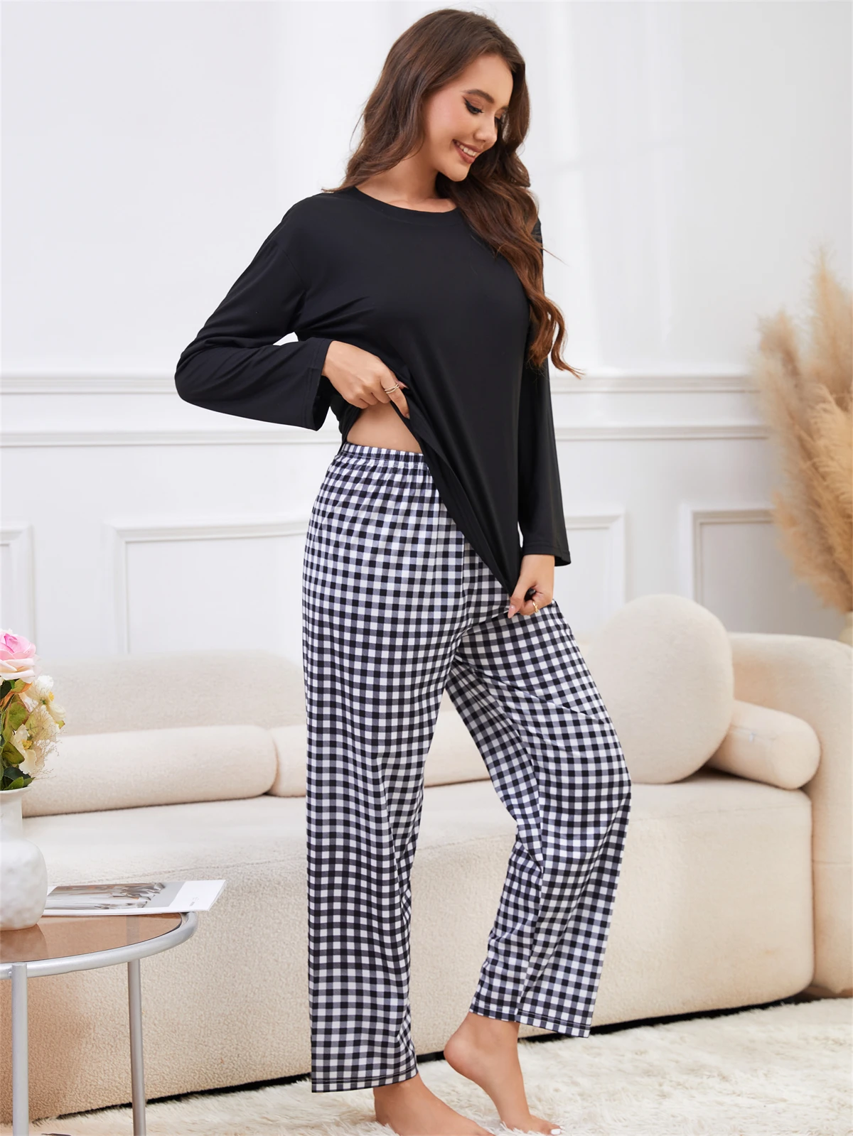 

5180 Весенне-осенний клетчатый однотонный брюки с длинными рукавами, повседневный свободный женский пижамный комплект, новый высококачественный однотонный универсальный простой женский домашний костюм с круглым вырезом, комплект из двух предметов