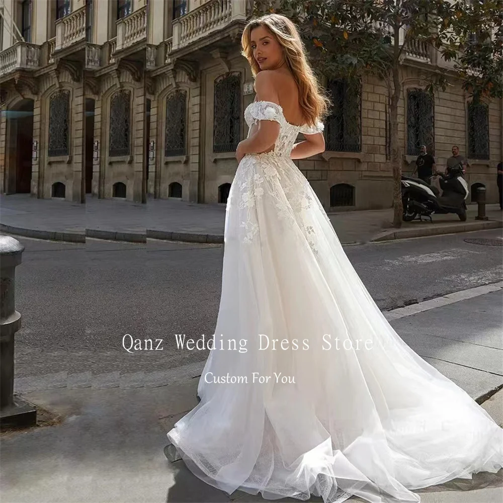 Qanz-Robe de mariée bohème avec appliques pour femme, robe longue, robes en tulle A-ligne, robe éducative, Off-Initiated, Rose, DD