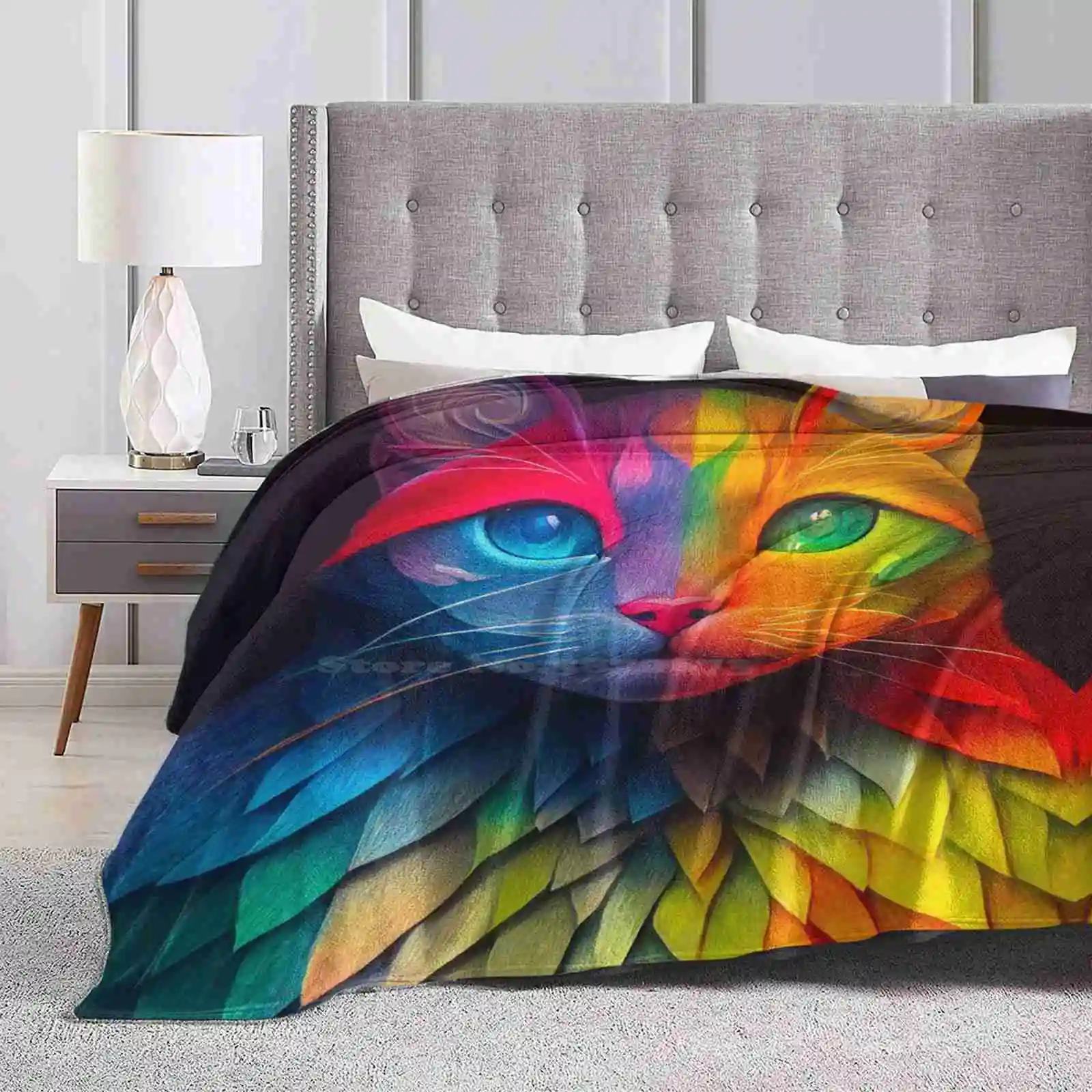 Rainbow Cat Trend Style Funny Fashion Soft Throw Blanket Rainbow Cat Colored Colorful Beautiful Cute Fluorescent Prisma Surreal