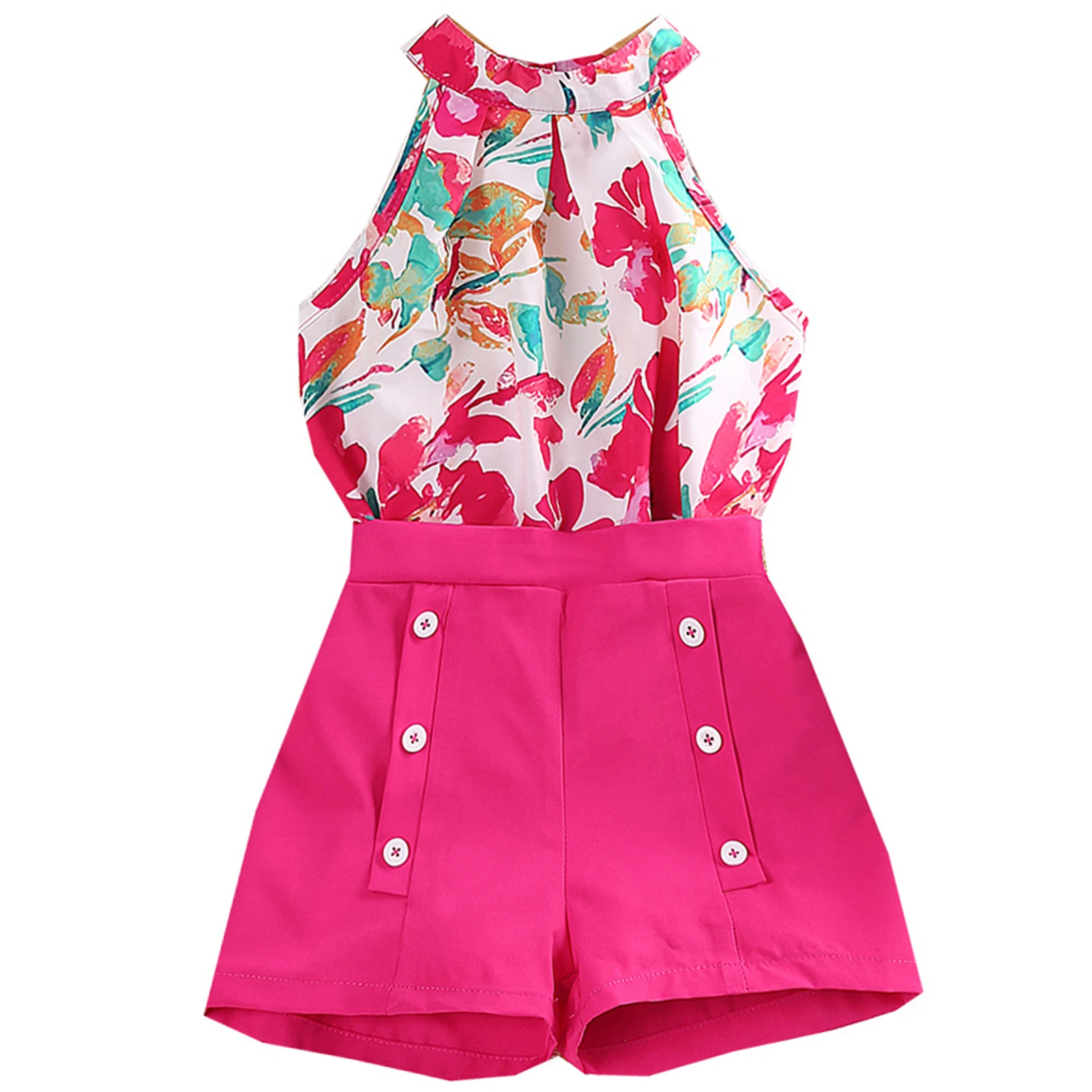 Girls Summer Two Piece Outfit Multi Color Flower Printed Tops and Shorts Suitable for Friends Gathering Wear