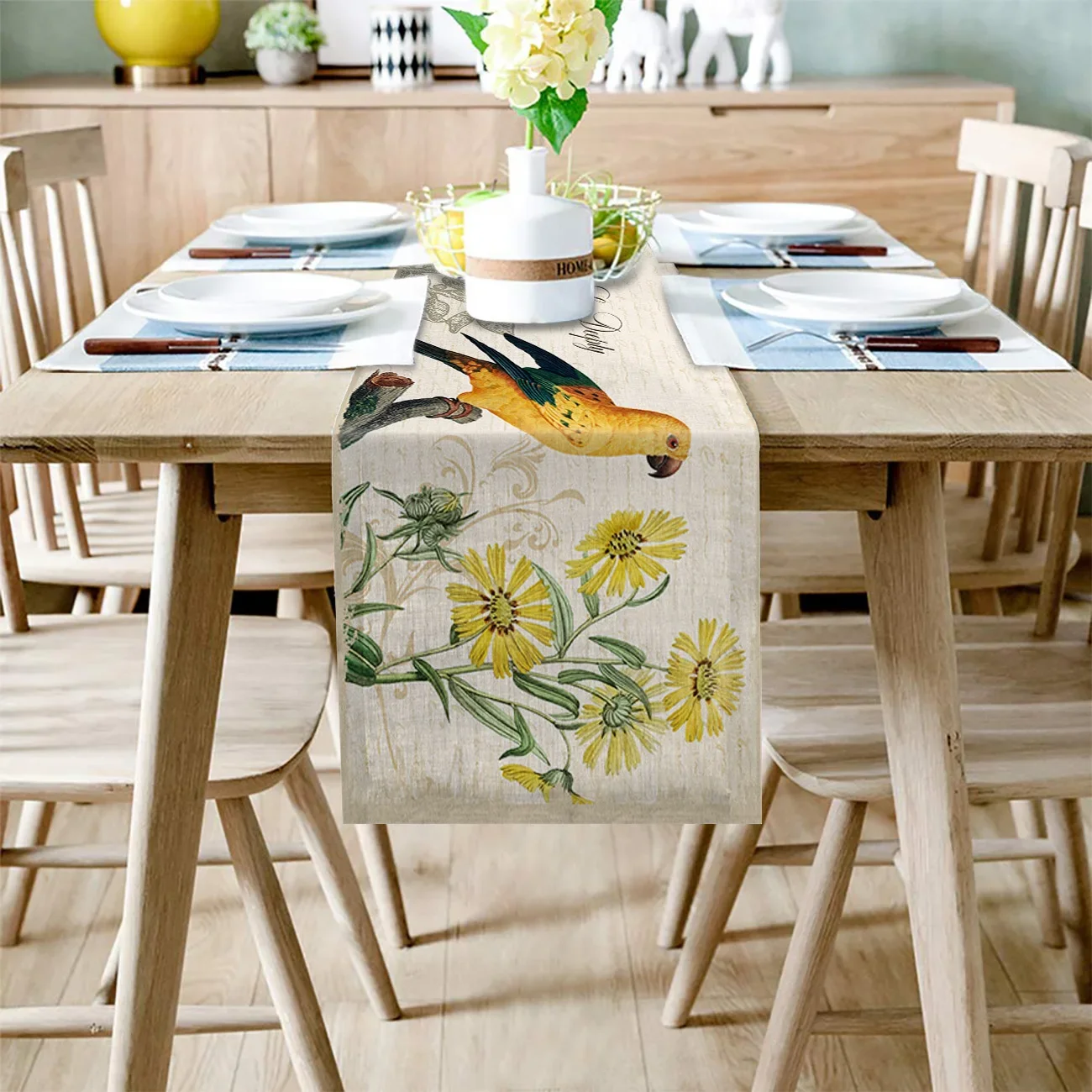 Yellow Parrot Sunflower Retro Linen Table Runners Kitchen Table Decoration Dining Table Runner Wedding Party Supplies