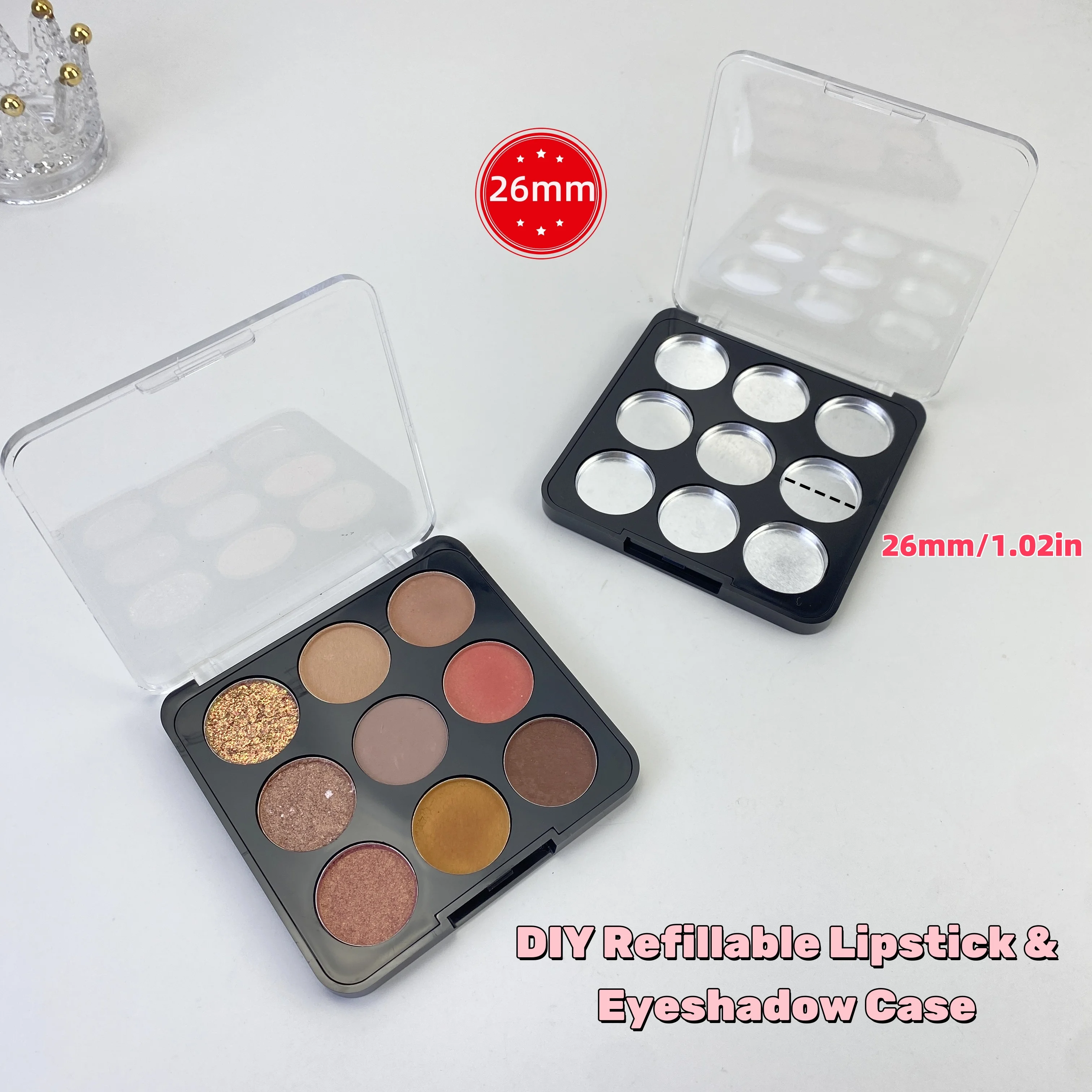26mm Empty Makeup Palette – 9 Grid Clear Top Refillable Case for Eyeshadow, Blush, Lipstick (Fits Round Pans, DIY Magnetic box