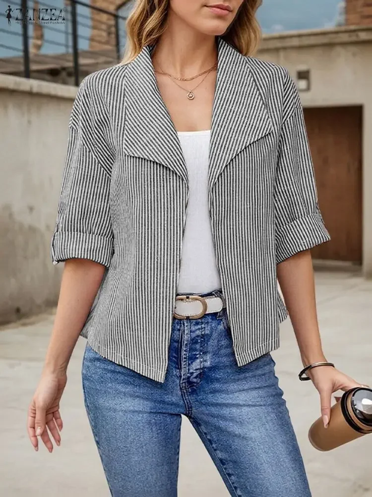 

Модные кардиганы, полосатый пиджак ZANZEA, осень 2022, офисные женские элегантные костюмы с длинными рукавами, повседневная свободная уличная одежда, пальто, рубашка