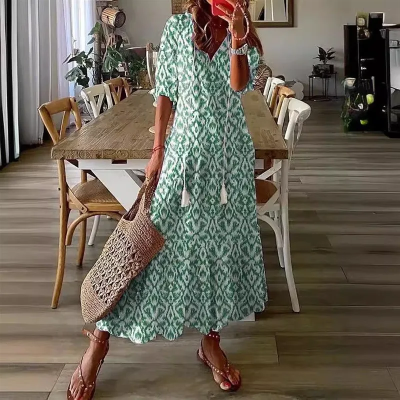 Doux décontracté v-ne imprimé gland 3/4 Sve a-ligne Dr été jupe longue Polyester lanterne Sve Midi Dr