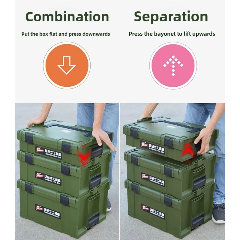 Set Kotak Perkakas Bertumpuk, Kotak Penyimpanan Perkakas Tebal, Portabel, untuk Perkakas Listrik dan Pertukangan, dengan Roda Dorong