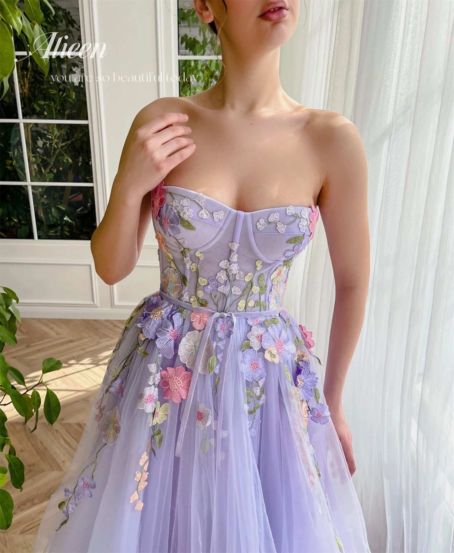 Aileen Manual Lavender Purple Sweetheart Embroidery Elegant Guest Wedding Dress Party Dresses With Long Sleeves Prom