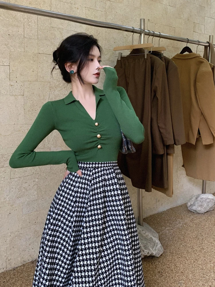 Plus size feminino de malha longa sve base irt e saia midi conjunto outono cintura alta xadrez sle faion outfit colarinho