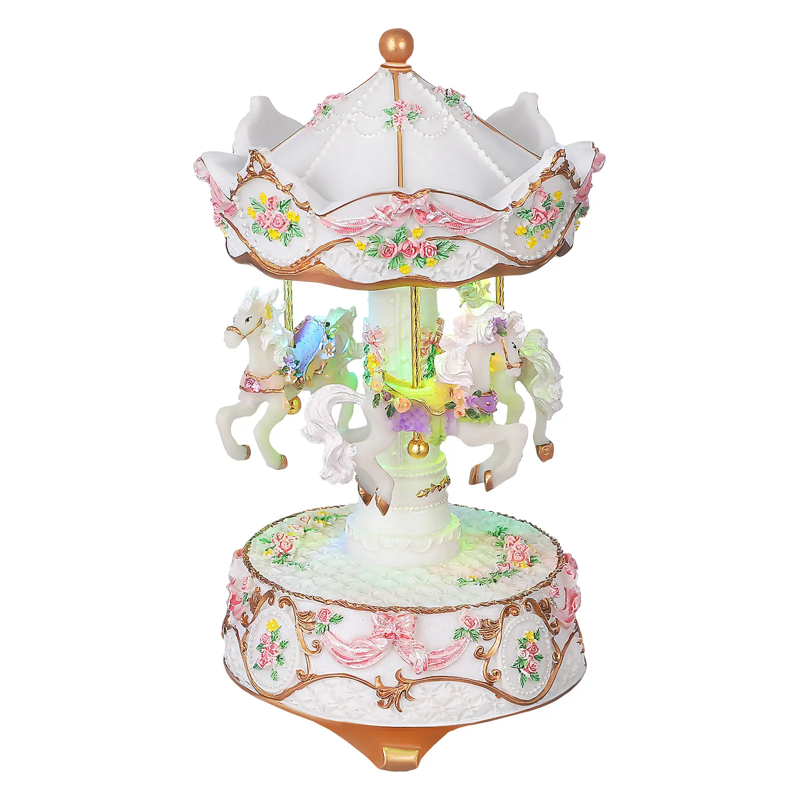 Desktop Carousel Music Box for Girls Vintage Carved Horse Rotating Design Soothing Tune Colorful Lights Mechanical Windup